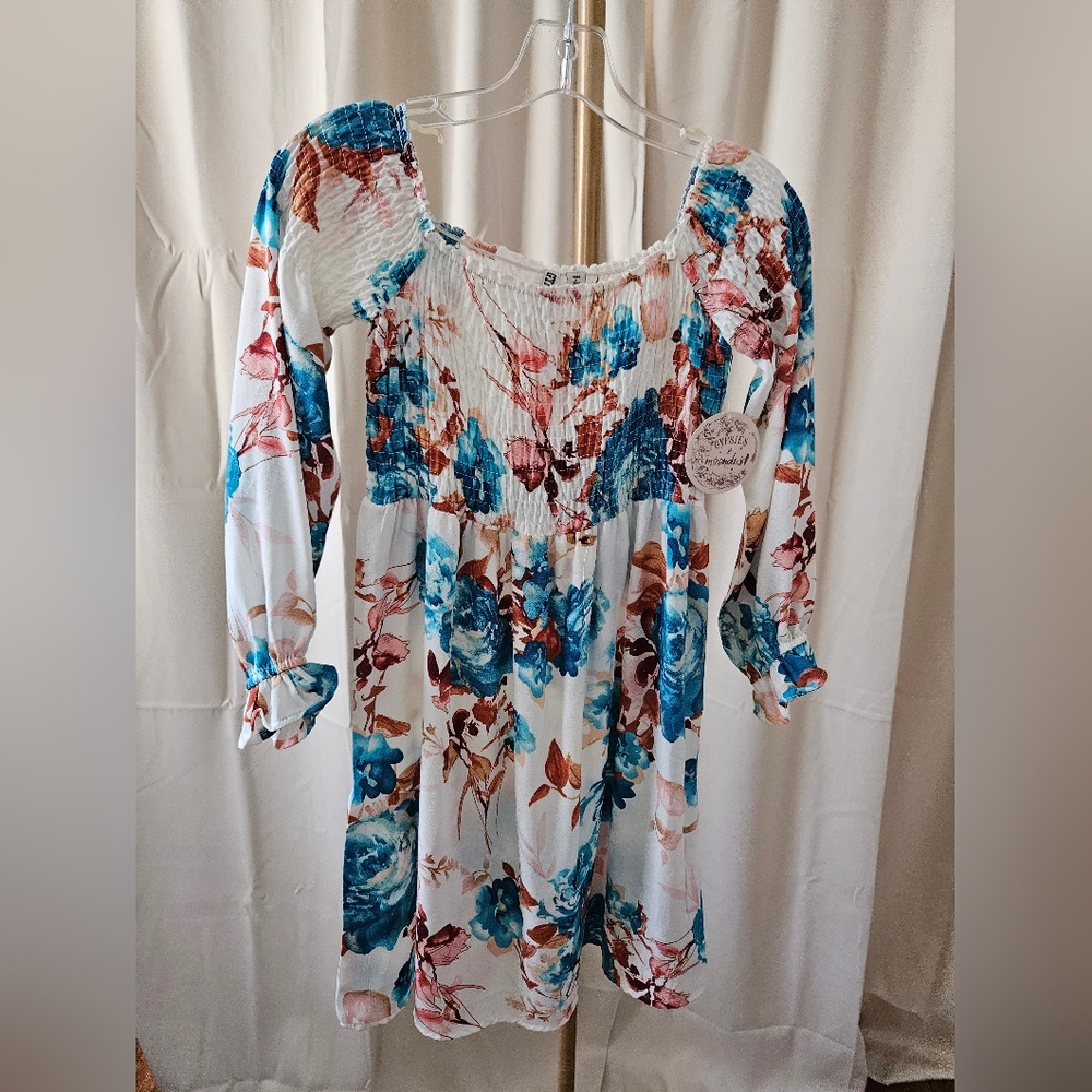 Gypsies & Moondust Turquoise Floral Smocked Mini Dress NWT | Size S - Picture 2 of 4